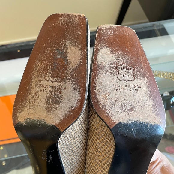 Stuart Weitzman Square Toe Snake Skin Pumps Tan Neutral Beige Size 7 - Picture 12 of 12